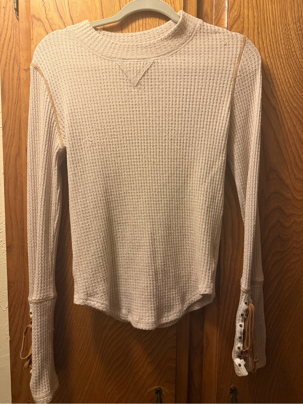 Free People Cream Waffle-Knit Long Sleeve Top with Cuff Ties